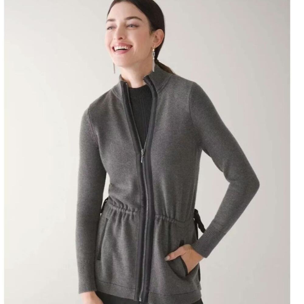 WHBM mixed media long tie waist neutral sweater zip up jacket